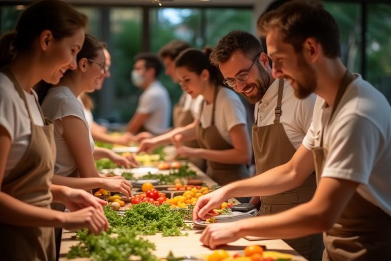Partecipanti sorridenti durante un corso di cucina siciliana